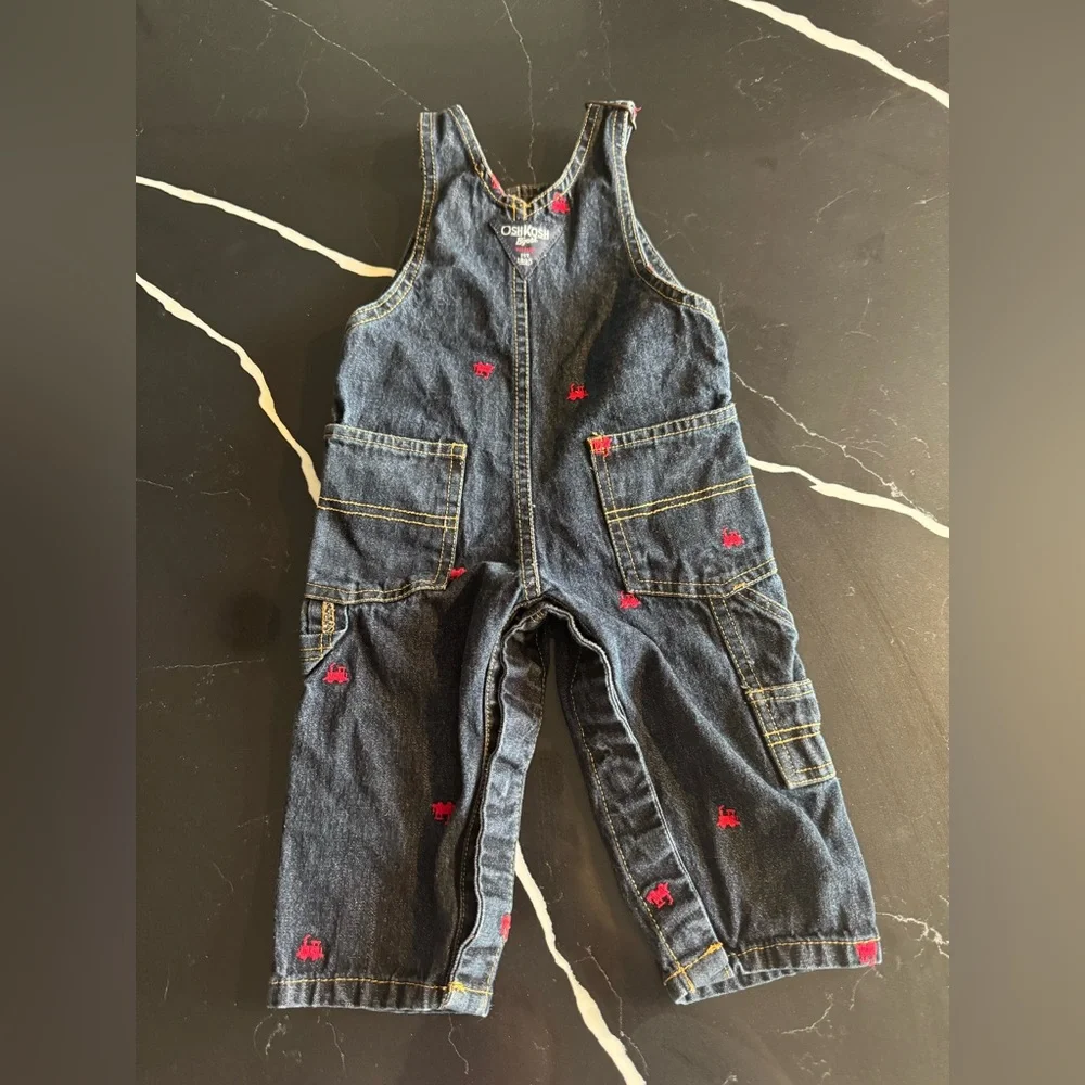 OshKosh B'gosh Kids Denim Overalls‎ - Blue with Red Train Embroidery